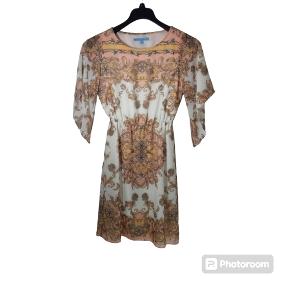Antonio Melanie Dress Neutral Paisley Print Bell 3/4 Sleeve Elegant Size 0 - Picture 3 of 16
